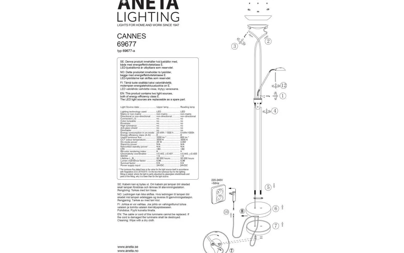 Cannes Golvlampa 1,8m LED 25W/5W 3000K Svart