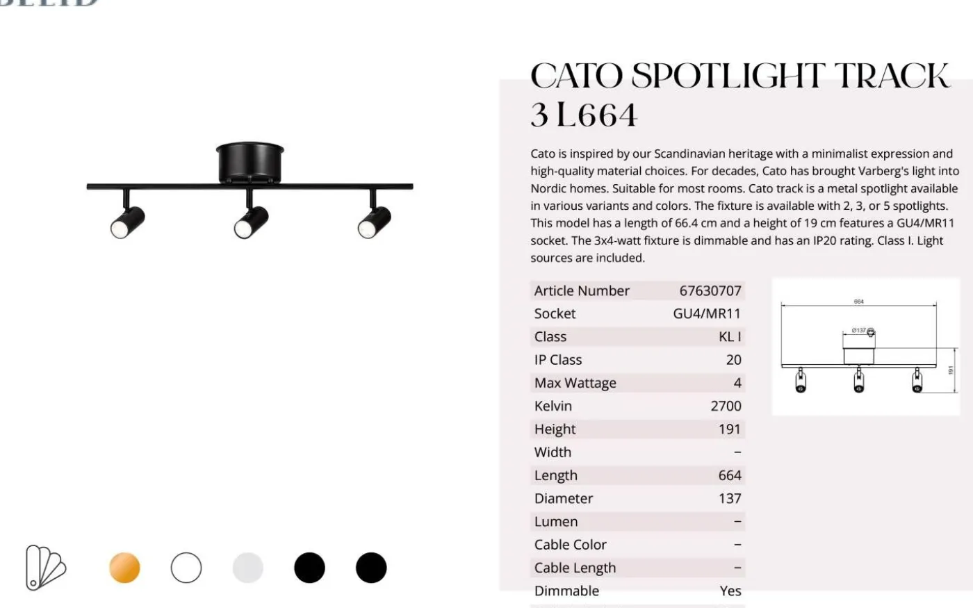 Cato Takspotlight 66cm LED 3x3W Mattsvart
