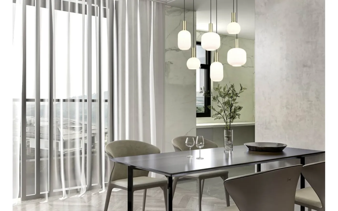 Diva Takpendel 6-delad E27 matt mässing/vit