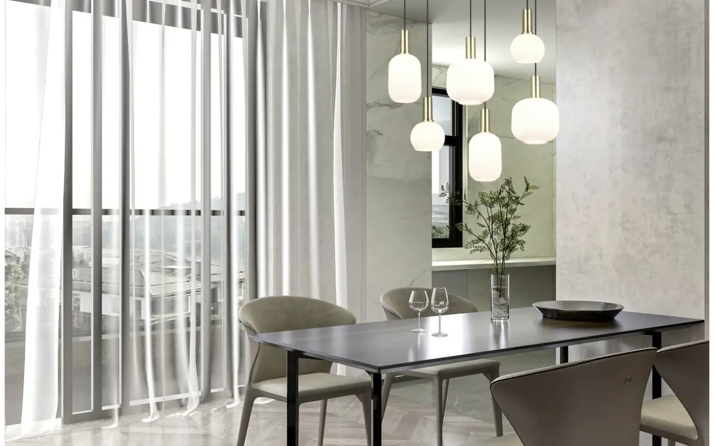 Diva Takpendel 6-delad E27 matt mässing/vit