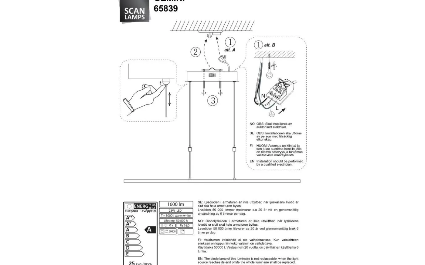 Gemini Taklampa 91cm LED 23W 3000K Bladguld