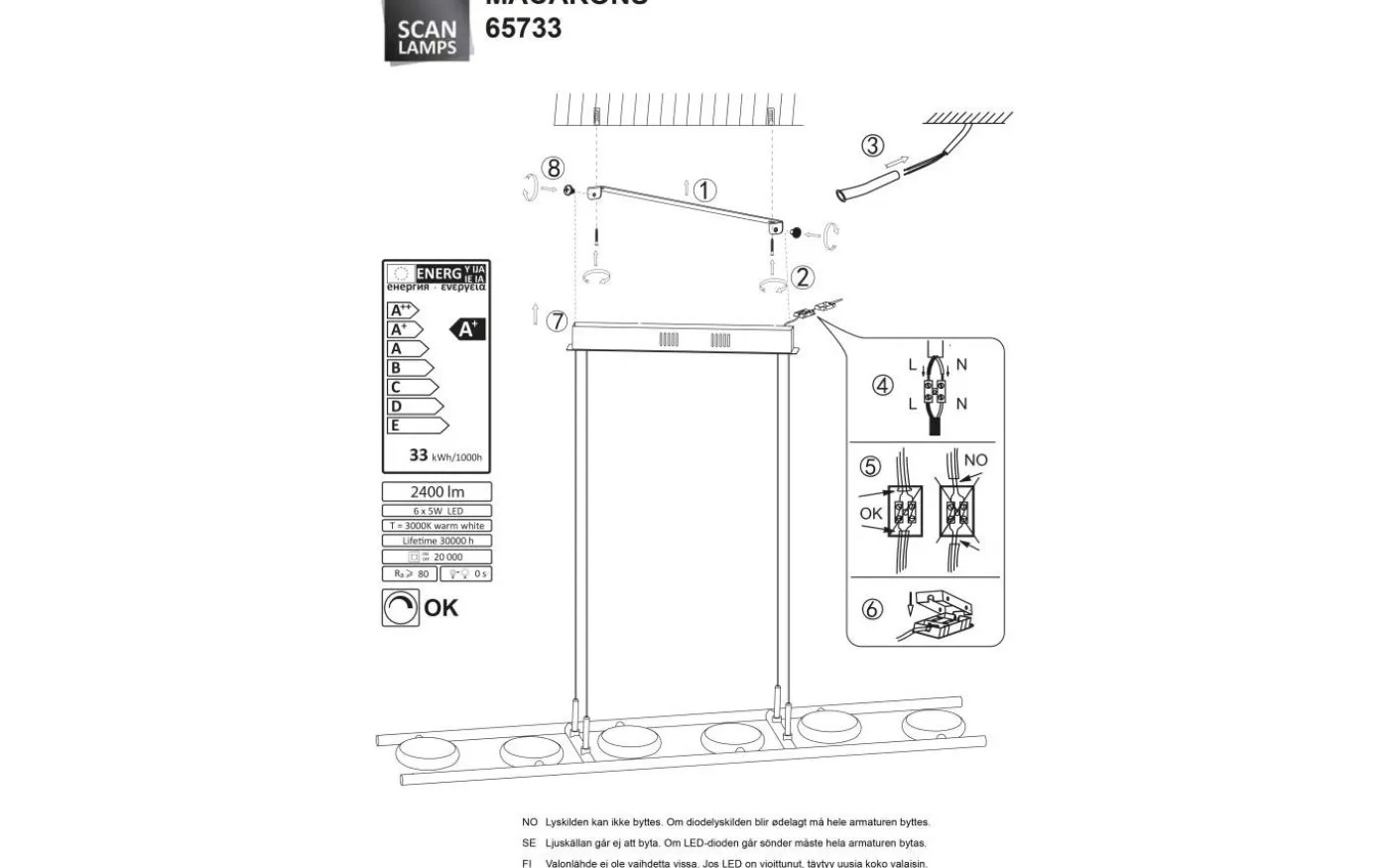 Macarons Taklampa 90cm LED 6x5W 3000K Krom/Frost