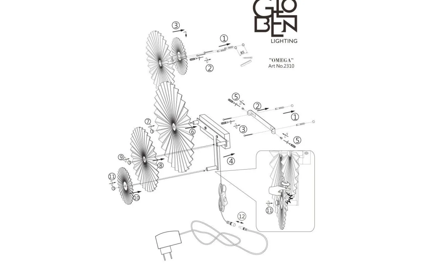 Omega Vägglampa 70cm LED 4,2W Svart