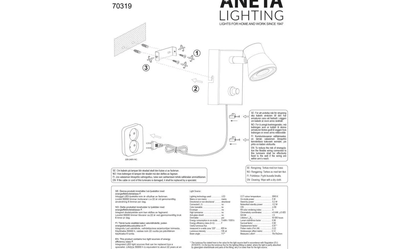 Pluto Vägglampa LED 5W 3000K Svart