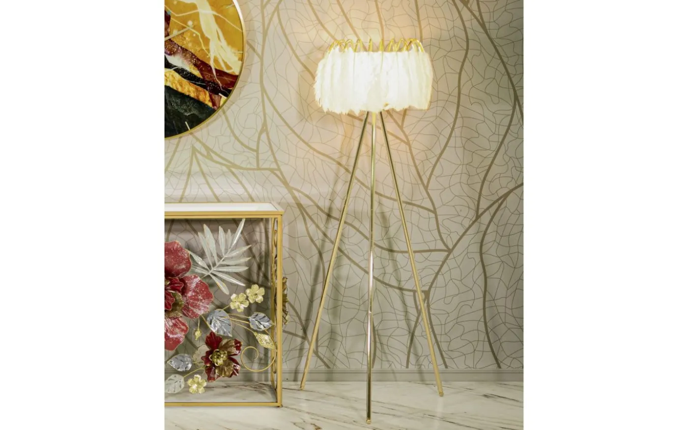 Quinto Golvlampa Fjäderställ 147cm Vit/Guld